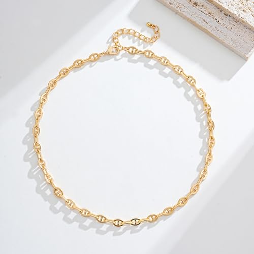 Gold Mixed Statement Choker Necklace for Women 14K Gold Plated Mariner Chain Necklace Chunky Fashion Paperclip Chain Jewelry - color: Gold-B