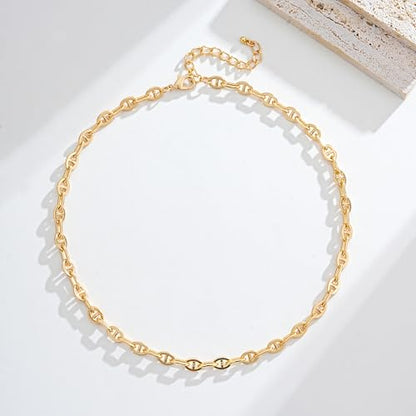 Gold Mixed Statement Choker Necklace for Women 14K Gold Plated Mariner Chain Necklace Chunky Fashion Paperclip Chain Jewelry - color: Gold-B