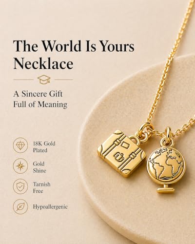 Zealmer Dainty 18K Gold Plated Compass World Map Pendant Necklace Graduation Gift for Friends - color: Suitcase