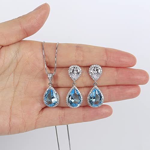 Elegant Jewelry Set for Women Silver Teardrop CZ Drop Earrings and Necklace | Square Teardrop Cubic Zirconia Rhinestone Jewelry Sets Bridal Jewelry Sets for Wedding Bride Bridesmaids Mother of Bride - style: Guardian Angel (Aquamarine)