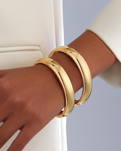 2pcs Gold Bangle Bracelets for Women, Trendy Hinged Cuff Open Wide Chunky Gold Bracelet Stack Arm Cuff Jewelry for Women - color: H-Gold Bangle