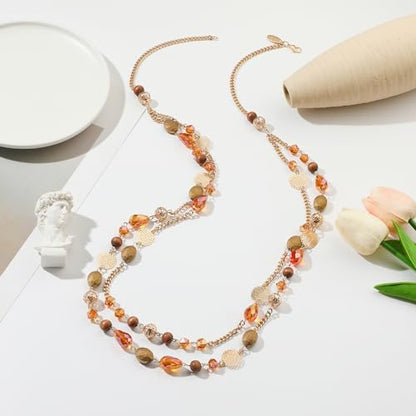 Bocar Long Necklaces for Women Trendy, Boho Layered Crystal Beaded Collar Necklaces for Women, Fashion Statement Necklaces Jewelry - color: Orange