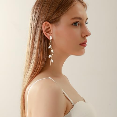 Gold/Silver Clip on Earrings Non Pierced for Women - 14K Gold Plated Long Tasse Drop Dangle Clip Earrings - Cubic Zirconia Leaf Earrings for Women Gold Wedding Jewelry Gifts - color: 14K gold plated