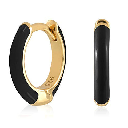 14K Gold Plated Sterling Silver Enamel Color Huggie Hoop Earrings for Women – Wide Range of Vibrant Color Options Available - color: Black