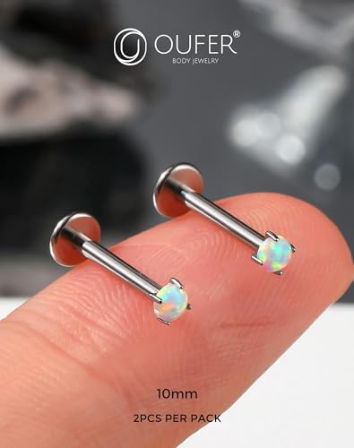 OUFER 2PCS 16G/20G Nose Lip Studs, G23 Solid Titanium Threadless Push in Nose Nostril Lip Labret Medusa Monroe Helix Cartilage Tragus Conch Lobe Piercing Jewelry for Women Men - color: Silver bar, Claw Opal, size: 2pcs, 16g 10mm, 2.5mm Opal