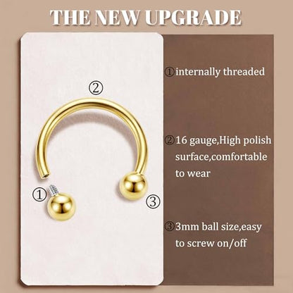 MILACOLATO 2Pcs Implant Grade Titanium Septum Rings for Women Men 16G | G23 Solid Titanium Internally Threaded Horseshoe Circular Barbell Piercing Jewelry for Nose Lip Tragus Eyebrow Helix Daith - color: 2pcs-gold-16g/10mm