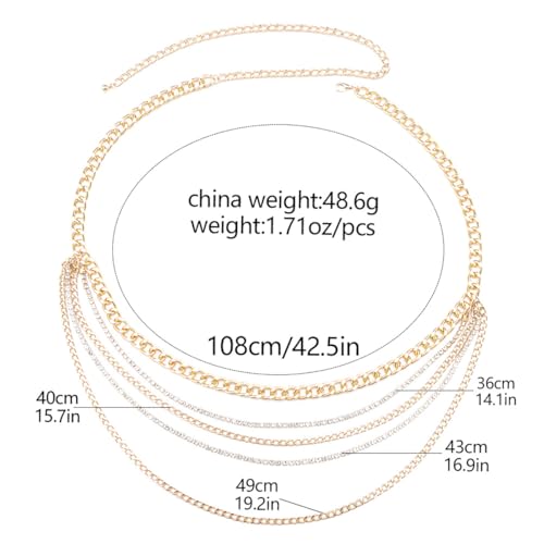 Chunky Gold Waist Chain for Women Rhinestone Layered Belly Belt Chains Beach Waist Chain Waterproof Cuban Body Chain Adjustable Bikini Body Jewelry Summer Beach Accessories Jewelry Gift - color: Gold