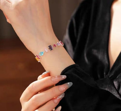 Silver Plated Rainbow Crystal Necklace, Sparkly Cubic Zirconia Rhinestone Multicolor Chain Choker Bracelet Earring Jewelry Set - style: Bracelet