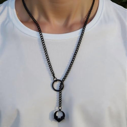 Slip Chain Choker for Women Handmade Black Stainless Steel Cuban Chain Chunky Moon Bat Raven Skull Pendant Gothic Punk Rock Collar Adjustable Lariat Y Necklace for Men - style: Bats