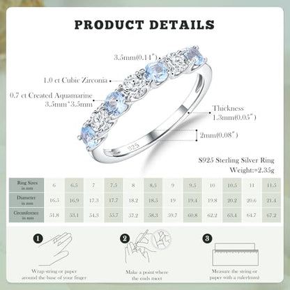 3.5mm Stackable Rings S925 Sterling Silver Created Birthstone & Cubic Zirconia Ring for Women Wedding Bands Anniversary Birthday Jewelry Size 6 to 10(with Box) - color: 03-Created Aquamarine & CZ-Mar