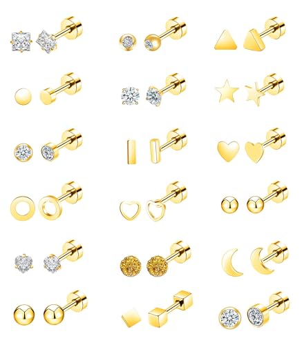 18Pairs 20G 18G Stainless Steel Tiny Stud Earrings for Women Cartilage Helix Earrings Ball Star CZ Earrings - color: Gold, size: 20G