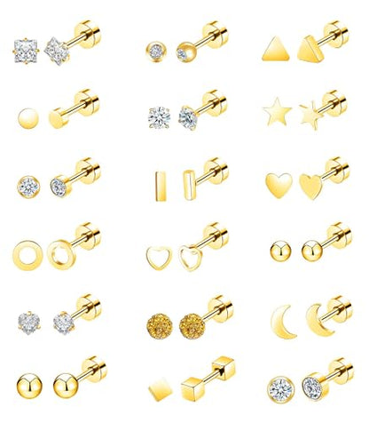 18Pairs 20G 18G Stainless Steel Tiny Stud Earrings for Women Cartilage Helix Earrings Ball Star CZ Earrings - color: Gold, size: 20G