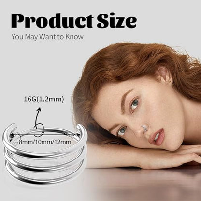 G23 Titanium Conch Piercing Jewelry Hoop: 16G 8mm/10mm/12mm Diamond Cartilage Earring Helix Double Piercing Hoop Septum Rings Hypoallergenic Nose Rings Hinged Segment Clicker Lip Rings Rook Daith Tragus Earrings - color: Silver-Triple Layers