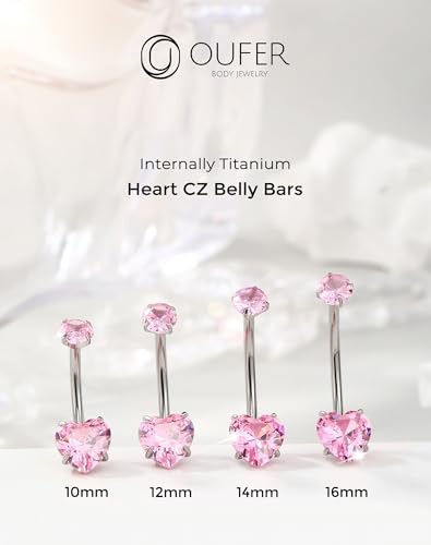 OUFER Titanium Belly Button Rings, Long Belly Piercing Jewelry, Cute Pink Navel Piercing jewelry, 14G Internal Thread Belly Rings For Women-10MM/12MM/14MM/16MM