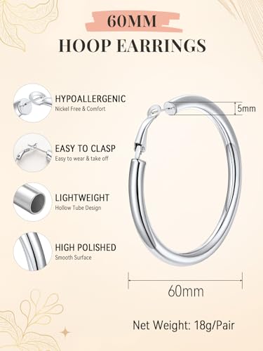 FaithHeart Silver/Black/Gold Stainless Steel Chunky Hoop Earrings for Women | Hypoallergenic Lightweight Hoop Earrings, Trendy Statement Thick Hoop, 20/30/40/50/60/70/80mm - color: Silver, size: 60mm