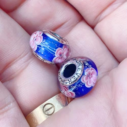 2pcs Authentic 925 Silver Murano Glass Flower Charms for Pandora Bracelets - color: 02-Pink flowers