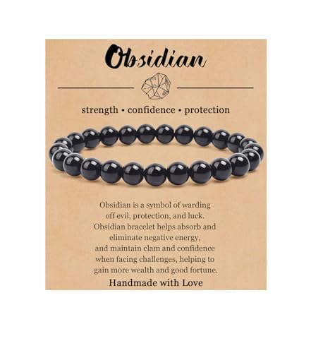 BOMAIL Natural Stone Beaded Bracelet for Women Men | 8mm Round Beads,Healing Crystal,Semi-Precious Gemstone,Yoga,Stretch,Bracelets Jewelry Gift - color: Obsidian