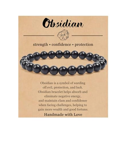 BOMAIL Natural Stone Beaded Bracelet for Women Men | 8mm Round Beads,Healing Crystal,Semi-Precious Gemstone,Yoga,Stretch,Bracelets Jewelry Gift - color: Obsidian