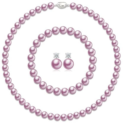 Pearl Necklaces for Women,8mm Pearl Necklace and Earring Bracelet Jewelry Set for Women Men Wedding Birthday Valentine Christmas Day Gifts - color: Purple