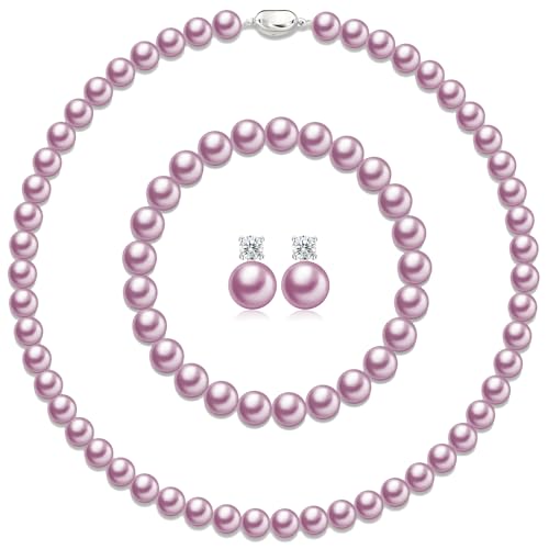 Pearl Necklaces for Women,8mm Pearl Necklace and Earring Bracelet Jewelry Set for Women Men Wedding Birthday Valentine Christmas Day Gifts - color: Purple