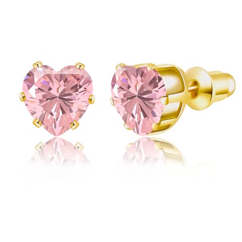 8mm Heart-Cut Birthstone Stud Earrings for Women – 18K Gold Plated Hypoallergenic Cubic Zirconia Earrings, Nickel Free, 12 Months Colors, Everyday Jewelry, Gift for Her, Bridal, Birthday, Christmas - color: 10 Oct pink