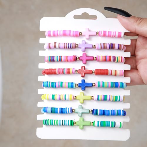 Heishi Surfer Clay Bead Bracelets Set for Women - Preppy Smile Evil Eye Beaded Stretch Bracelets Elastic Layering Friendship Bracelets- Stackable Boho Disc Summer Jewelry Set - color: COLORFUL CROSS
