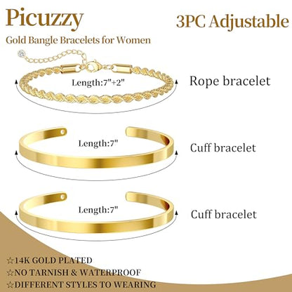 14K Gold Plated Stackable Bangle Bracelets for Women | Dainty Cuff Bracelets, Stackable for Women, Waterproof Bracelet Stack, Gold Jewelry Gifts Trendy Adjustable Accessories - color: 3-layer-B-Gold