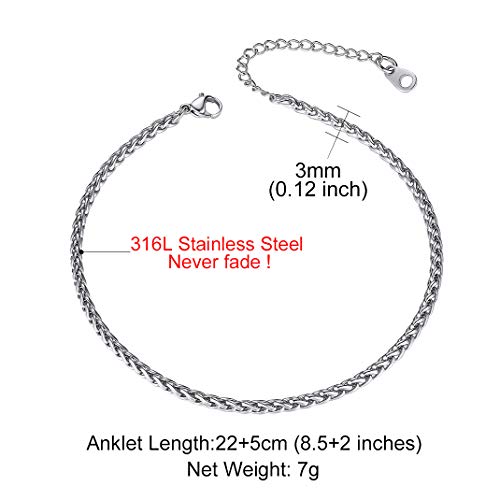 Adjustbale Link Chain Anklet for Women Summer Jewelry, 316L Stainless Steel Figaro/Wheat/Twist Rope/Cuban Foot Bracelet-Waterproof, Resizable 9"-12" (Gift Box Included) - color: 4, Wheat - Stainless Steel