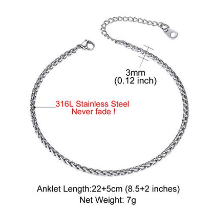 Adjustbale Link Chain Anklet for Women Summer Jewelry, 316L Stainless Steel Figaro/Wheat/Twist Rope/Cuban Foot Bracelet-Waterproof, Resizable 9"-12" (Gift Box Included) - color: 4, Wheat - Stainless Steel
