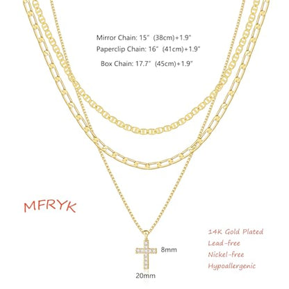 MFRYK Gold/Silver Necklaces Stack For Women,14K Gold/Sterling Silver Plated Simple Layered Choker Necklaces For Women,Stackable Multilayer Pearl Cross Disc Circle Pendant Cuban Herringbone Snake Paperclip Chain Necklaces Set Jewelry Gift for Women - style