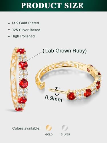 Women's Huggie Hoops with Birthstone 925 Sterling Silver Huggie Stud Hypoallergenic 14K Gold Plated Moissanite Earrings -Emerald Sapphire Ruby Hoop Earrings, Size 20 25mm - color: A -Ruby Gold, size: 25mm (1 Inch)