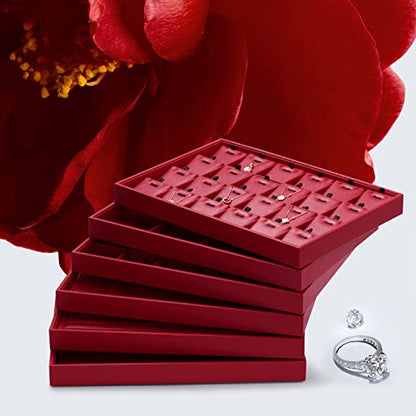 Oirlv Gorgeous Red Leather 24 Grid Jewelry Tray with Removable Inserts Jewelry Cards Stackable Necklace Trays Necklace Drawer Organizer | 24 Necklace Sections,Removable Insert Cards,Anti-Tangle Design,Space-Saving Event Display,13.8×9.5Inch - color: Red,