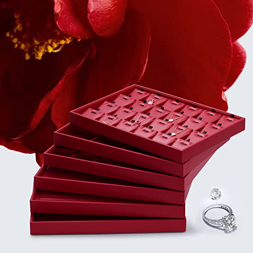 Oirlv Gorgeous Red Leather 24 Grid Jewelry Tray with Removable Inserts Jewelry Cards Stackable Necklace Trays Necklace Drawer Organizer | 24 Necklace Sections,Removable Insert Cards,Anti-Tangle Design,Space-Saving Event Display,13.8×9.5Inch - color: Red,