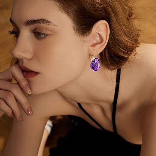 14K Gold Teardrop Crystal Leverback Earrings Sparkly Rhinestone Water Droplet Dangle Drop Earrings For Women - color: Dark Purple