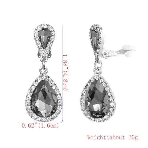 Classic Austrian Crystal Tear Drop Clip on Dangle Earrings for Women - color: Black,Silver