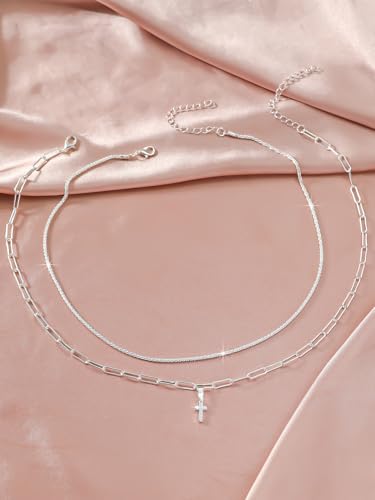 Cross Necklace 14K Silver Plated Dainty Small Pendant Choker Simple Trendy Cute Charm Chain Faith Jewelry Religious Minimalist Gift - style: 14 Silver Paperclip+Cross