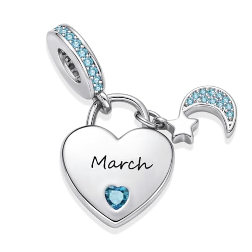 12 Months Birthstone Heart Charm Moon and Star Pendant Bead Compatible with Pandora Bracelet Women - style: March