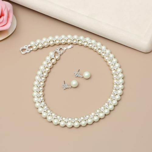 S SUSANN Costume Layered Twisted Gold Pearl Necklace Choker Chunky Glass Statement Pearl Necklace and Earring set, good gift for women Faux pearl necklace set - style: silver star rhinestones pearl