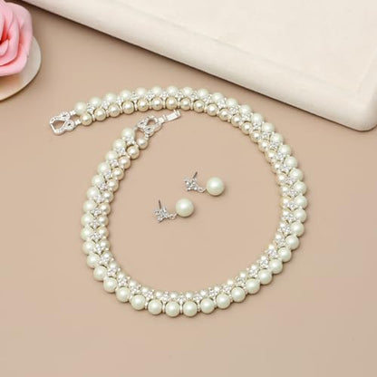 S SUSANN Costume Layered Twisted Gold Pearl Necklace Choker Chunky Glass Statement Pearl Necklace and Earring set, good gift for women Faux pearl necklace set - style: silver star rhinestones pearl