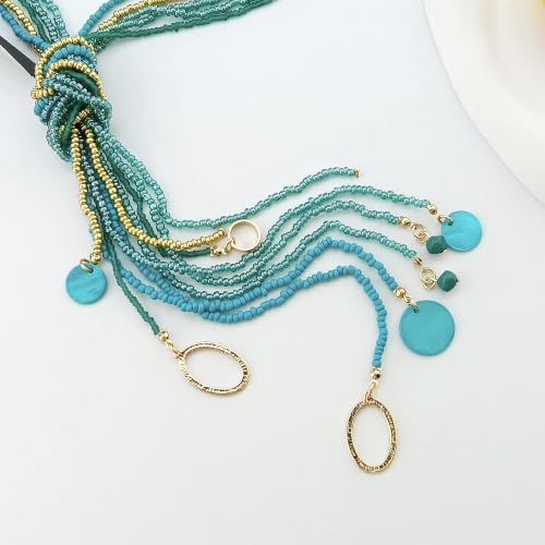 Coiris Long Seed Beaded Multi Strand Necklace,10 Multiple Statement Long Bib Necklace with Tie Knot for Women and Girls Jewelry - color: Teal