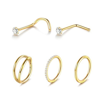Xpircn 5pcs Hoop Nose Rings and L Shaped Nose Rings Stud Set 18G/20G Stainless Steel CZ Helix Conch Daith Tragus Cartilage Hoop Earrings for Women 6mm 7mm 8mm 10mm - color: Gold, size: 20G, 6mm hoop & 7mm studs