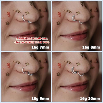 BodyBonita 3pcs Nose Rings Hoops - Double Hoop Nose Ring 14/16/18/20G Hinged CZ Piercing Jewelry Septum Clicker Rings Cartilage Earring Helix Rook Tragus Daith 7mm/8mm/9mm/10mm - color: Silver, size: 16 gauge(1.2mm)-8mm