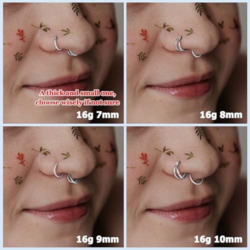 BodyBonita 3pcs Nose Rings Hoops - Double Hoop Nose Ring 14/16/18/20G Hinged CZ Piercing Jewelry Septum Clicker Rings Cartilage Earring Helix Rook Tragus Daith 7mm/8mm/9mm/10mm - color: Silver, size: 16 gauge(1.2mm)-9mm