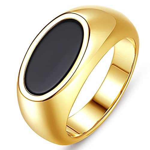 18K Gold Plated Women's Starburst Signet Ring - Minimalist Mother of Pearl Statement Piece - color: Black Enamel Oval Statement Ring