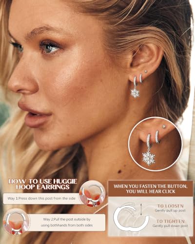 FIBO STEEL 14K Gold Plated Hoop Earrings with Charms for Women Huggie Hoops | Hypoallergenic 925 Sterling Silver Post Dangle Earrings Small Silver Gold Hoops Earring Cubic Zirconia Dangle Drop Jewelry - color: Snowflake - Silver Plated