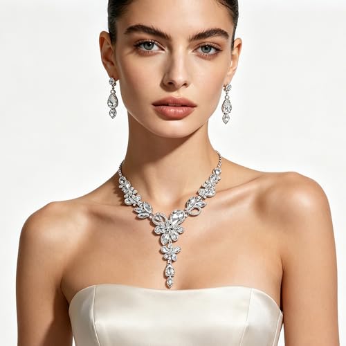 Rhinestone Crystal Bridal Necklace Floarl Art Deco Teardrop Collar Necklace Dangle Earrings Jewelry Set for Women - color: Silver