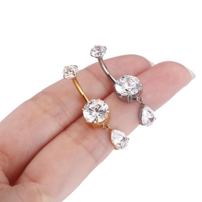 GAGABODY G23 Titanium Belly Button Rings Dangly Belly Ring Navel Piercing Ring Belly Piercing Jewelry 14G 3/8 inch 10mm Navel Barbell CZ - color: Gold+Dangly Waterdrop Shape Clear CZ