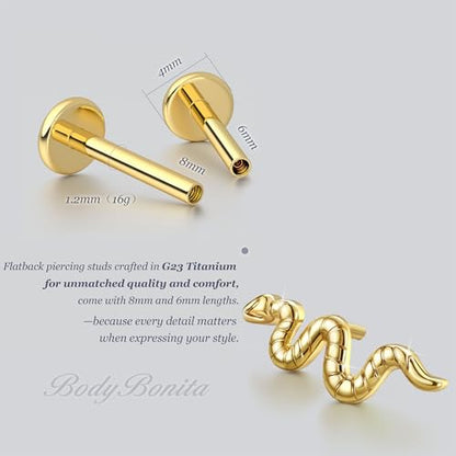 G23 Titanium 16G Tragus Conch Piercing Jewelry Flat Back Stud Earrings | Hypoallergenic CZ Nose Dangle Helix Medusa Lip Labret Body Piercing Jewelry, 14K Gold Plated, Silver, 6 and 8 mm Post Length - color: Serpent's Charm-14K Gold