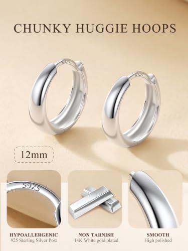 Bestyle Gold Huggies Earrings for Women Hypoallergenic 925 Sterling Silver Post Huggie Hoop Earrings Thick Lightweight Small Hoop Earrings 8/10/12/14mm - color: Silver, size: 12mm