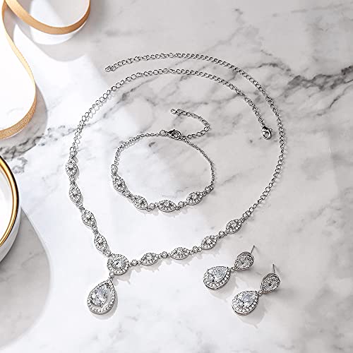 BriLove Wedding Bridal Jewelry Set for Women Cubic Zirconia Teardrop Y-Necklace Link Bracelet Dangle Earrings for Party Prom Accessories - color: Clear Silver-Tone